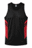 A black singlet with red accents and two side stripes, featuring a branding logo on the neckline.