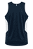 A navy blue singlet with white side panels and a plain back, featuring a logo.