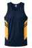 A navy blue singlet featuring orange accents and stripes, with a branding logo on the chest.