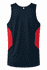 A navy singlet with red side panels, featuring a logo on the back. Suitable for casual wear.