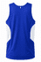 A blue men's singlet featuring white panels on the sides and a logo on the back.