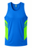 A blue singlet with bright green side panels, featuring a logo on the front. Suitable for sports and active wear.