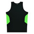 A black singlet with bright green side panels. The garment features a logo and has a plain back.