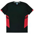 A black and red T-shirt featuring contrasting side panels and a logo. Suitable for kids.