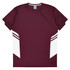 A maroon T-shirt featuring white accents and a simple design. The shirt has a logo on it.