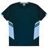 A black and light blue t-shirt with contrasting panels and a logo on the neckline.