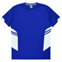 A blue T-shirt featuring white accents on the sides and a logo. Suitable for kids.