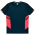 A navy blue t-shirt with red accents and a logo on the chest area, designed for children.