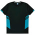 A black t-shirt featuring blue accents and a logo. Suitable for kids, with a sporty design.