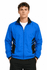 A blue track jacket with black accents and a zip front, featuring a logo on the chest.