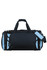 A black duffle bag with light blue accents and a shoulder strap, featuring multiple compartments and a logo.