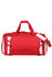 A red duffle bag with contrasting white accents and a logo. It features two handles and a detachable shoulder strap.