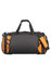 A black duffle bag with orange accents featuring side pockets and a detachable shoulder strap.
