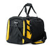 A black and yellow duffle bag with a mesh pocket and adjustable shoulder strap, featuring a logo.