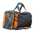 A duffle bag in grey with orange accents, featuring a mesh pocket and adjustable shoulder strap. It includes a logo.