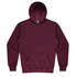 A maroon hoodie featuring a front pocket and a large hood, designed for kids. It includes a branding logo.