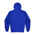 A blue hoodie with a back view, featuring a hood and long sleeves. It has a simple design and includes branding.