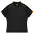 A black polo shirt featuring yellow accents and a collar, suitable for sports uniforms. It includes a logo.