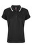 A black polo shirt featuring a collared neck and contrasting trim, designed for women. It includes a logo on the chest area.