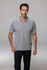 A grey men's polo shirt with contrasting white collar and sleeve trims, featured on a male model.