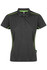 A black polo shirt with green accents, featuring a collar, buttons, and a logo on the label.