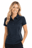 A navy polo shirt with white trim, featuring a collar and short sleeves, displayed by a model.