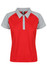 A red polo shirt with grey sleeves and a collar, featuring a logo on the upper left.