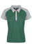 A green polo shirt with grey mesh sleeves and a collar, featuring a logo on the chest.
