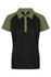 A polo shirt featuring a black body with green sleeves and a collar, with a branding logo on the chest.