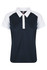 A navy and white polo shirt with a collar and short sleeves, featuring a logo on the front.