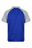 A polo shirt featuring a blue back and grey sleeves, with a logo on the design.