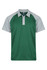 A green and grey polo shirt with a logo on the front, featuring short sleeves and a collar.