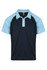 A navy blue polo shirt with light blue raglan sleeves and a collar. It features a logo on the chest.