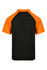 A polo shirt featuring black and orange colours, showcasing short sleeves and a classic collar. The shirt has a logo.