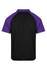 A men's polo shirt featuring a black body with purple raglan sleeves and a logo on the back.