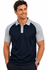 A navy and grey polo shirt featuring a collar and short sleeves, worn by a smiling man. The shirt has a logo.