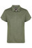 A green polo shirt with short sleeves and a collar, featuring a logo on the chest.