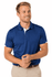 A blue polo shirt with contrasting white details, displayed on a smiling man. The shirt features a logo on the front.