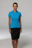 A woman models a bright blue polo shirt paired with a black skirt. The shirt features a logo.
