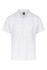 A white polo shirt featuring a collar and three buttons, with a logo on the label.