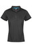 A black polo shirt with a collar and short sleeves, featuring a logo on the chest area.