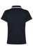 A navy polo shirt with a collar and contrasting white accents, featuring a branding logo.