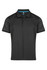 A black polo shirt with a collared neckline and button placket, featuring a logo on the chest.