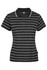 A black and white striped polo shirt featuring a collar and short sleeves, with a logo on the side.