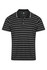 A black and white striped polo shirt with a collar, featuring a logo on the chest.