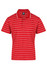 A red polo shirt with white horizontal stripes and a collar. The shirt features a logo on the front.