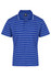 A blue and white striped polo shirt featuring a branded logo on the chest.