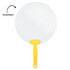 A round, transparent fan with a yellow handle. The fan has a simple, flat design.