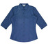 A navy blue button-up shirt with 3/4 sleeves and a curved hem, featuring a collar and a subtle texture.