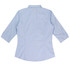 A light blue button-up shirt with 3/4 sleeves featuring a back design and a logo on the label.
